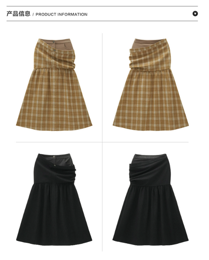 MAMC - Vintage Plaid A-Line Skirt with Layered Waist Detail (Black / Yellow)