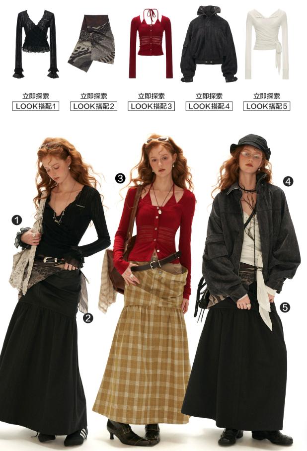 MAMC - Vintage Plaid A-Line Skirt with Layered Waist Detail (Black / Yellow)