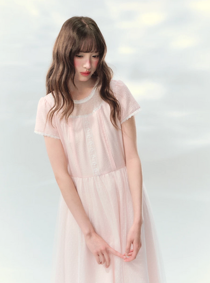 “Peach Bubble Romance” Pink Polka Dot Lace Midi Dress