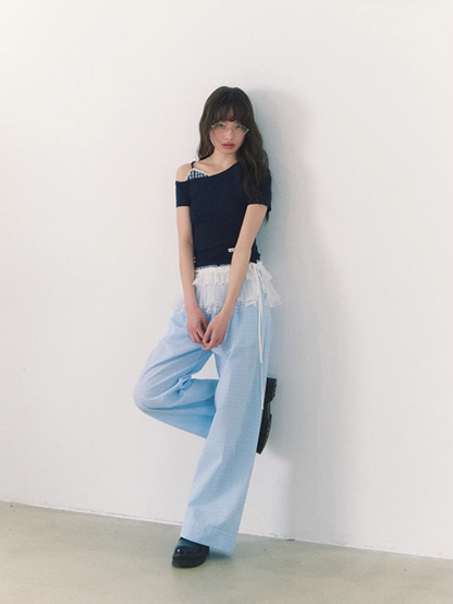 罐头粪便 - Preppy Gingham Patchwork One-Shoulder Tee – Slim Fit Summer Style