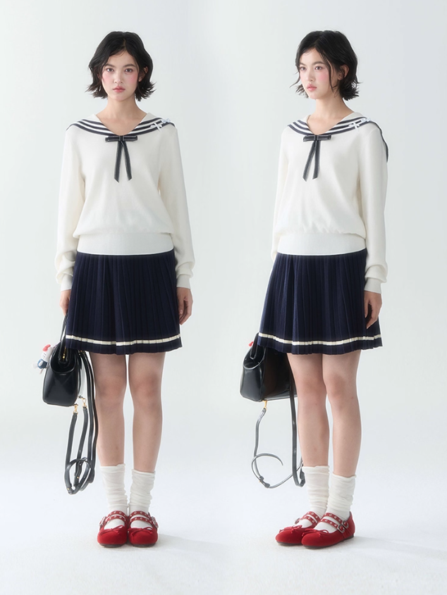 罐头士多所 - Cream Knit Sailor Collar Sweater & Pleated Skirt Set – Preppy Soft Girl Outfit
