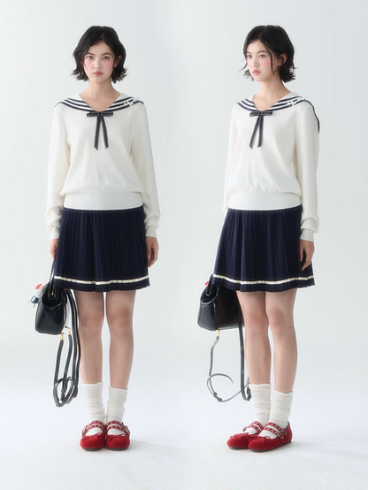 罐头士多所 - Cream Knit Sailor Collar Sweater & Pleated Skirt Set – Preppy Soft Girl Outfit