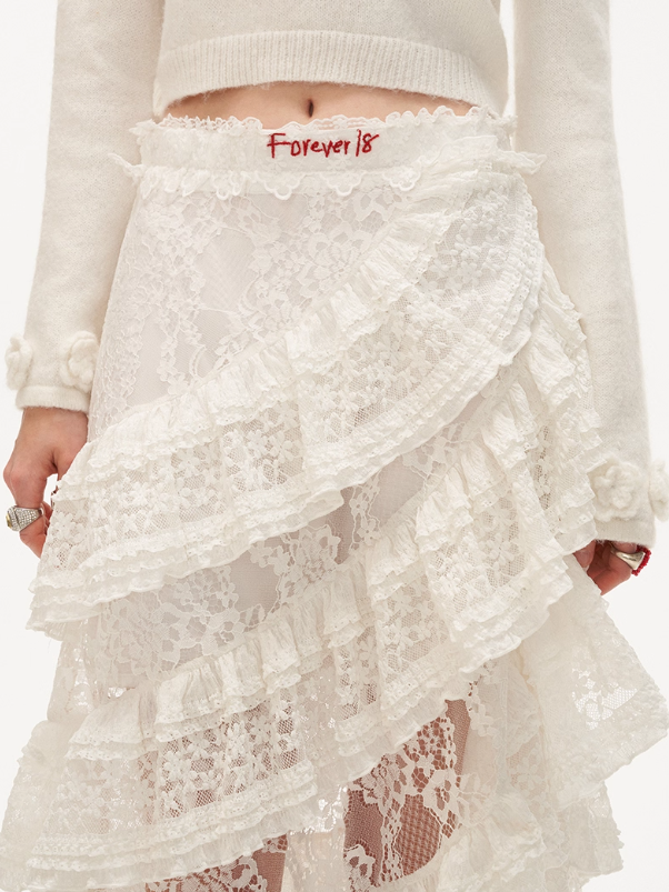 MAMC - White Layered Lace Tulle Midi Skirt WE476