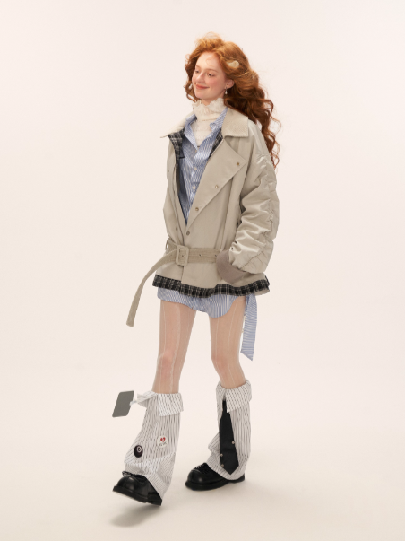 MAMC - Light Gray Corduroy Collar Plaid Patch Jacket WE848