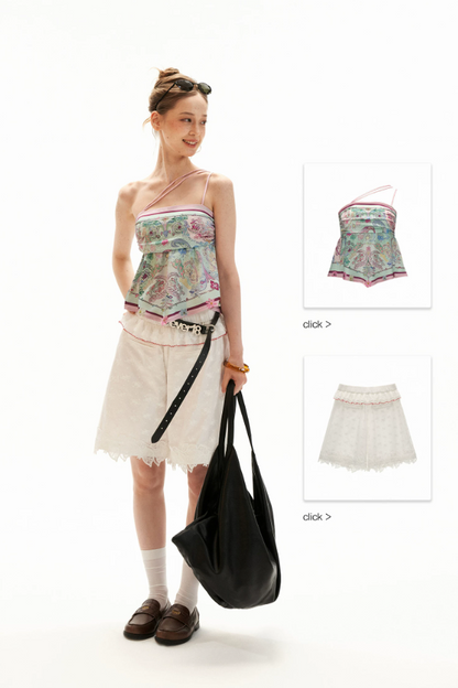 White Lace Trim Relaxed Cotton Shorts