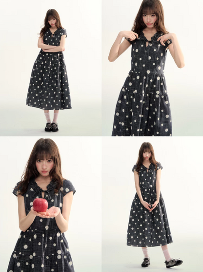 Navy Polka Dot Plaid Tie-Waist A-Line Dress LL2026095