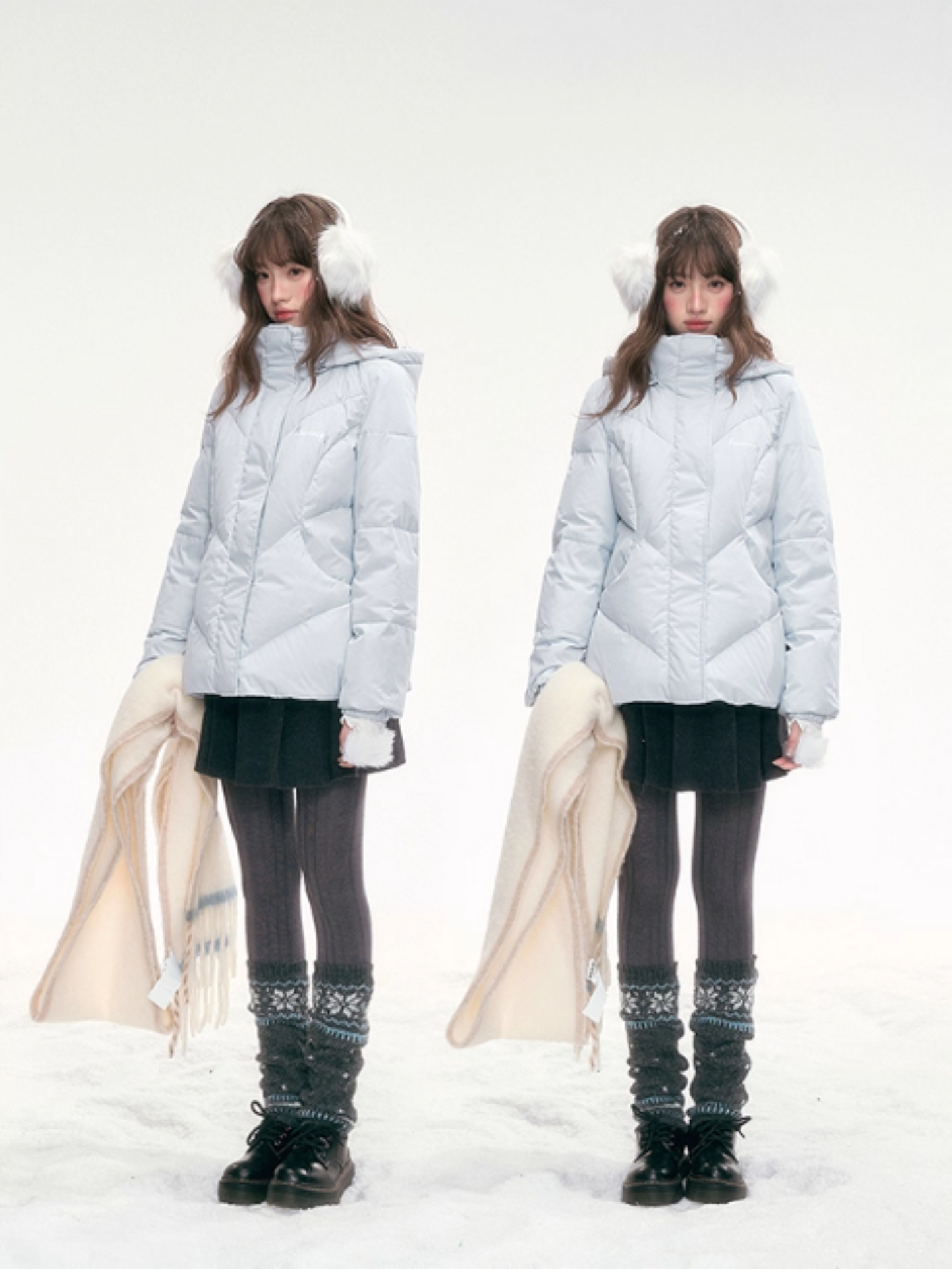 “Snowday Serenade” Powder Blue Waist-Defining Down Jacket LL2025298