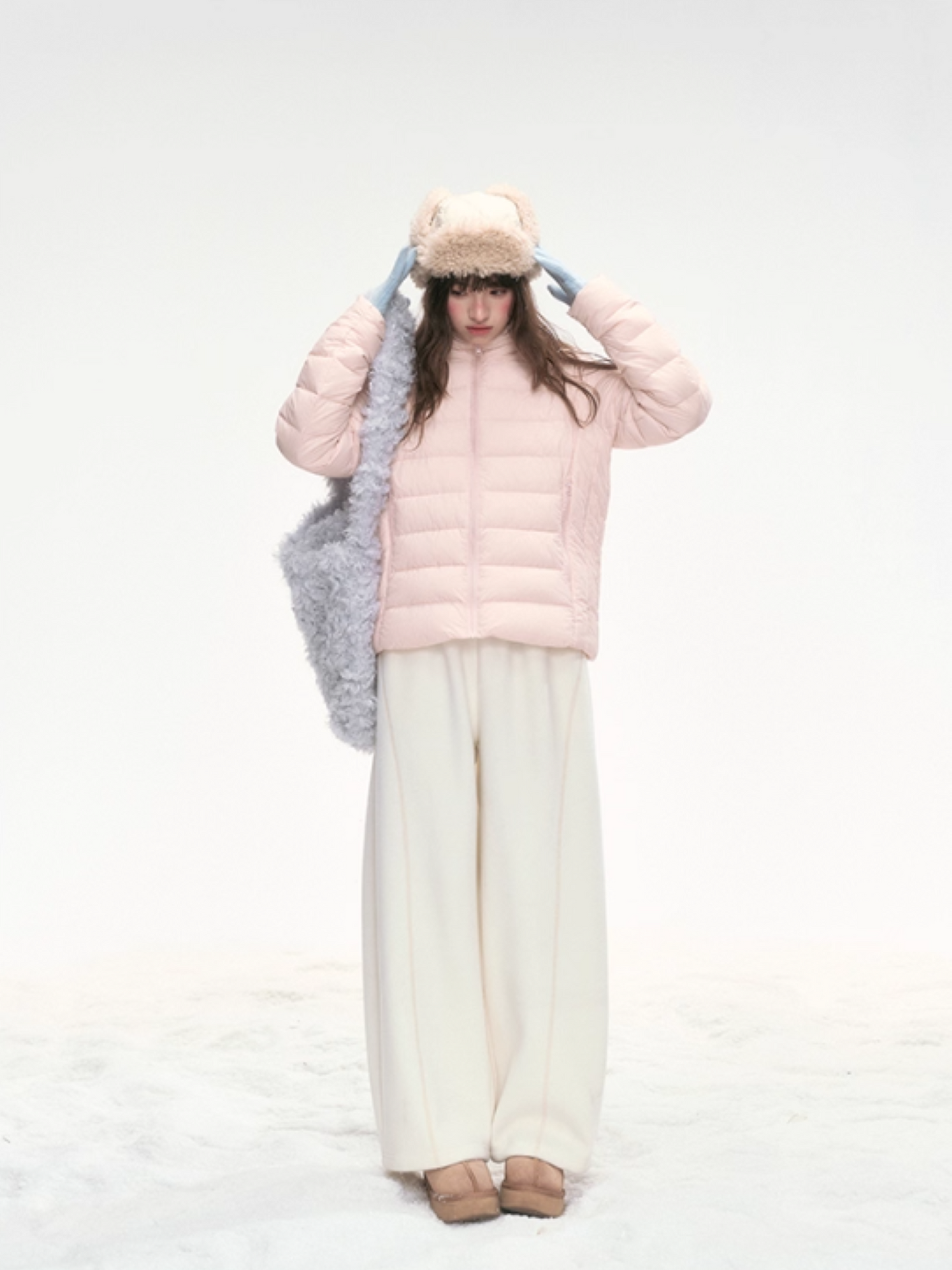 "Winter Bloom" Embroidered Knit Lounge Pants – White & Pink LL2025334