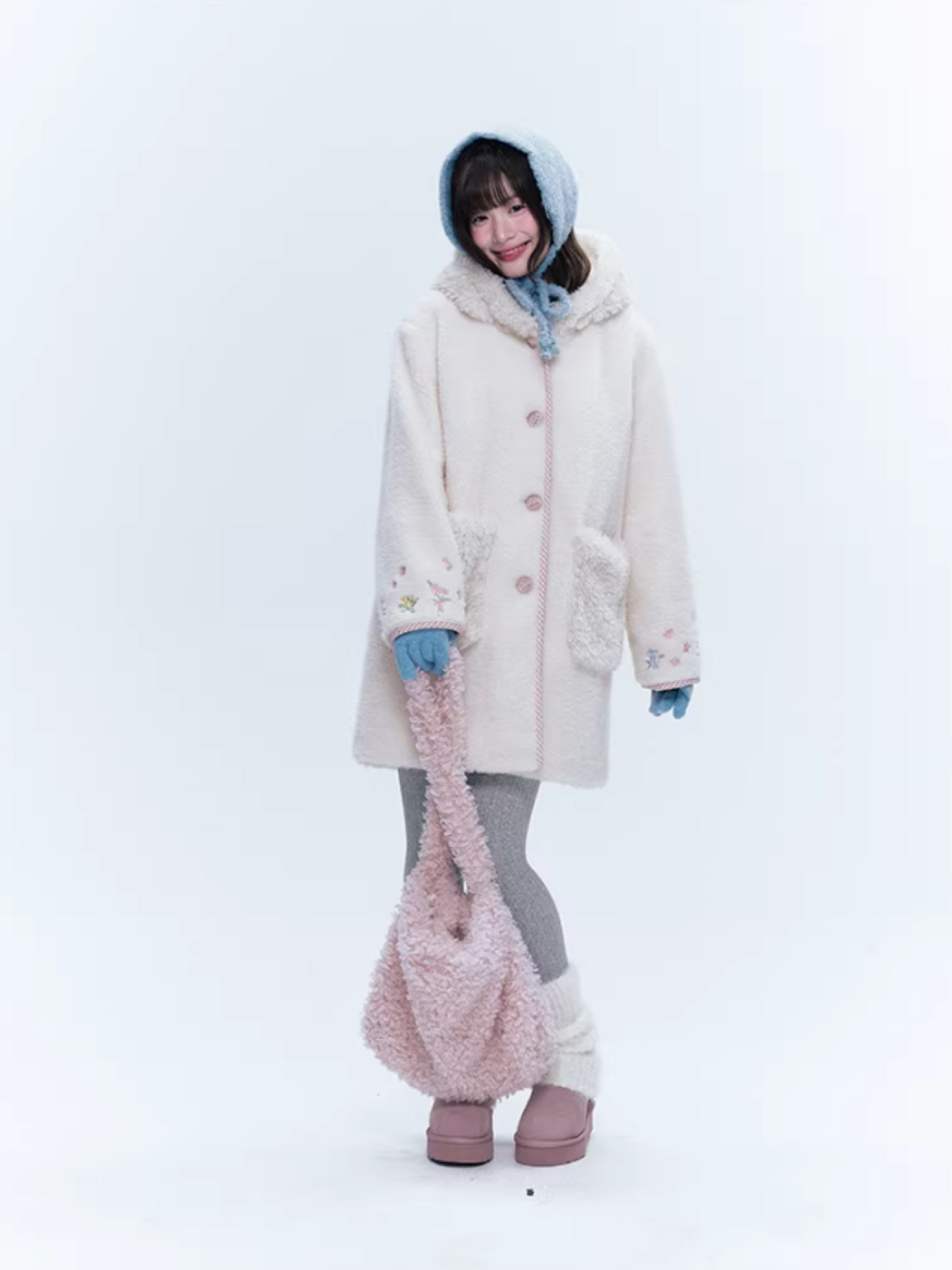CREAMO2奶油氧气 - Soft Ivory Embroidered Teddy Wool-Style Midi Coat