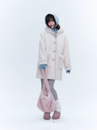 CREAMO2奶油氧气 - Soft Ivory Embroidered Teddy Wool-Style Midi Coat