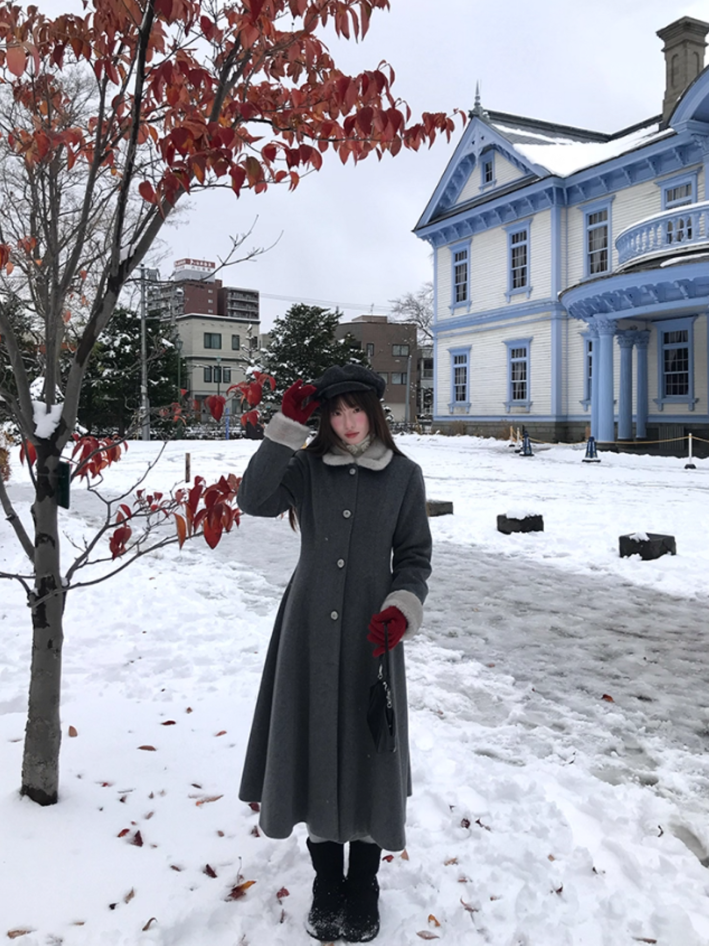 “Moscow Haze" Rose-Button Wool Coat – Cinched Waist Elegance