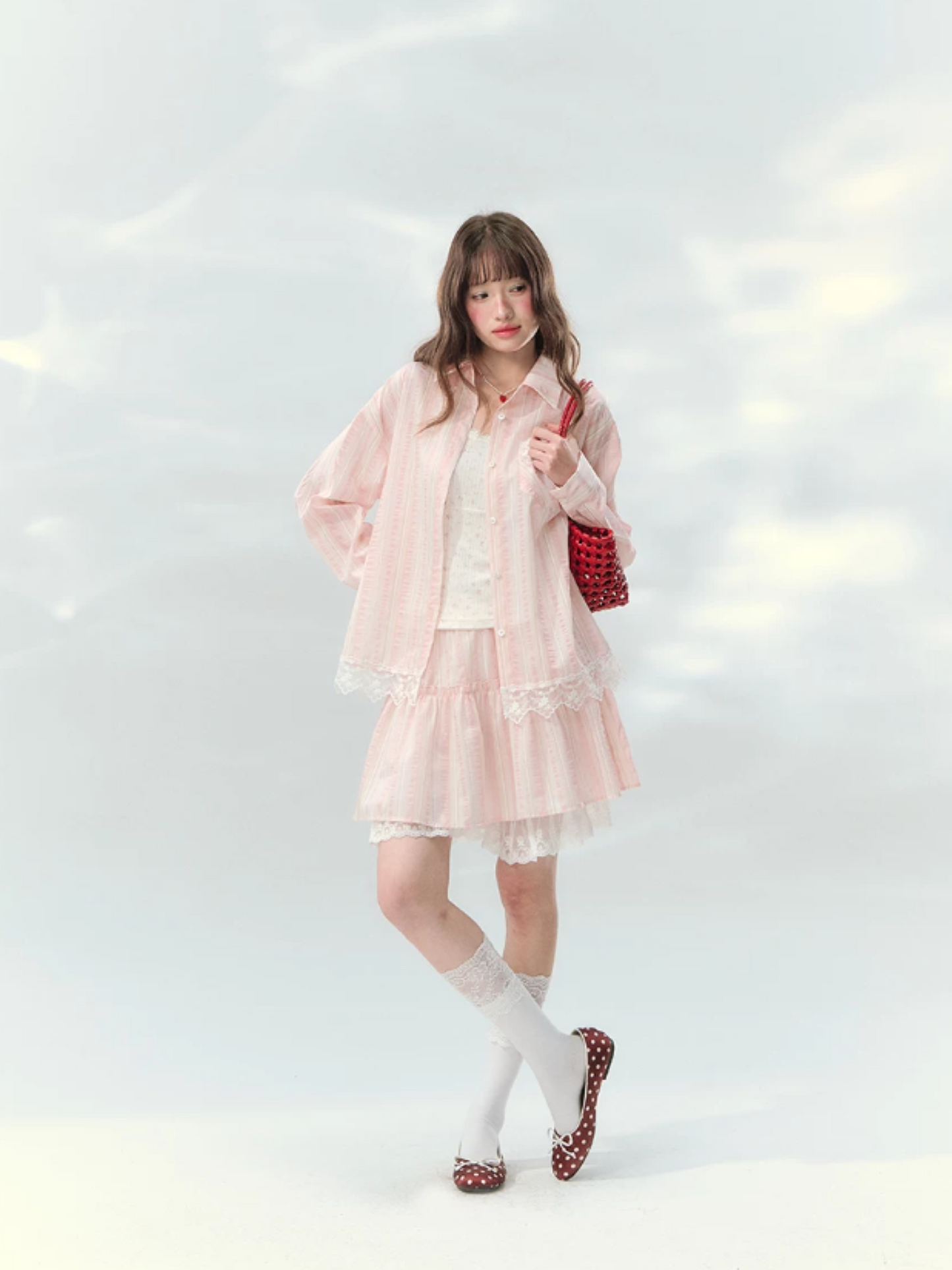 “Pink Mist Love Letter” Pink Stripe Lace Skirt Set LL2026161
