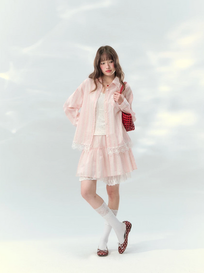 “Pink Mist Love Letter” Pink Stripe Lace Skirt Set LL2026161