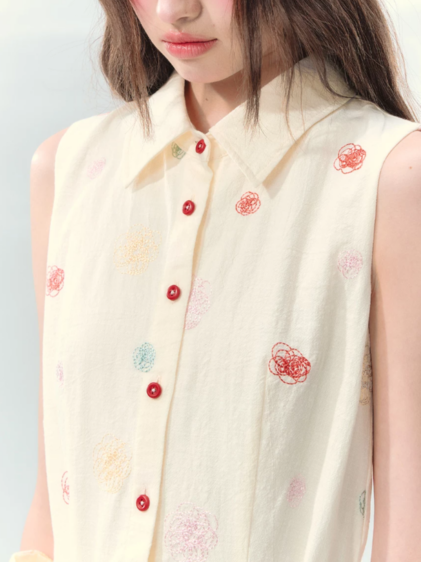 “Twin Bloom Letters” Cream Rose Embroidered Shirt Dress LL2026139