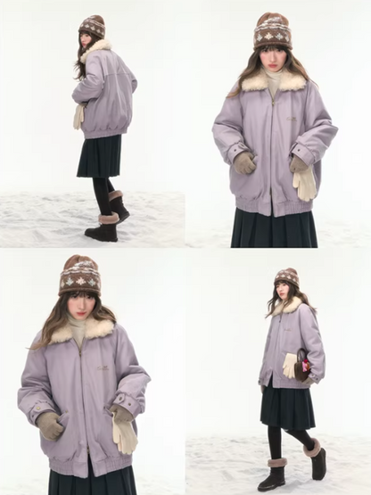 "Misty Lilac" Contrast Fur Collar Utility Down Jacket LL2025457