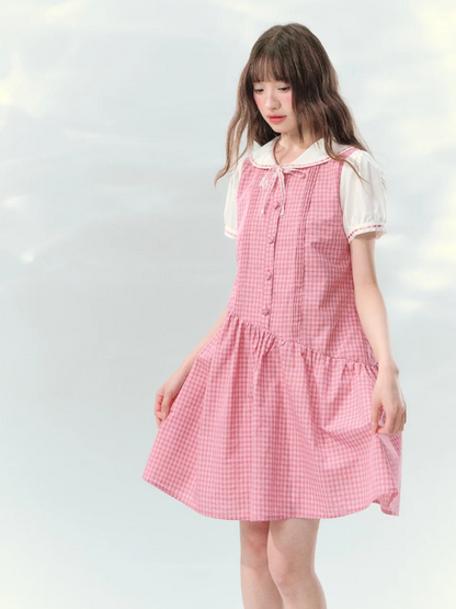 “Peach Plaid Academy” Pink Plaid Peter Pan Dress LL2026152