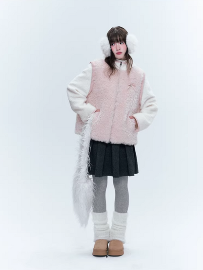 CREAMO2奶油氧气 - Pink & White Faux-Layered Teddy Padded Jacket