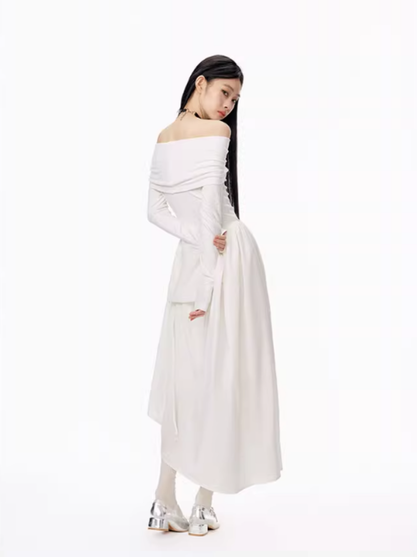 PCH - Hepburn Style Off-Shoulder Long Dress (White)