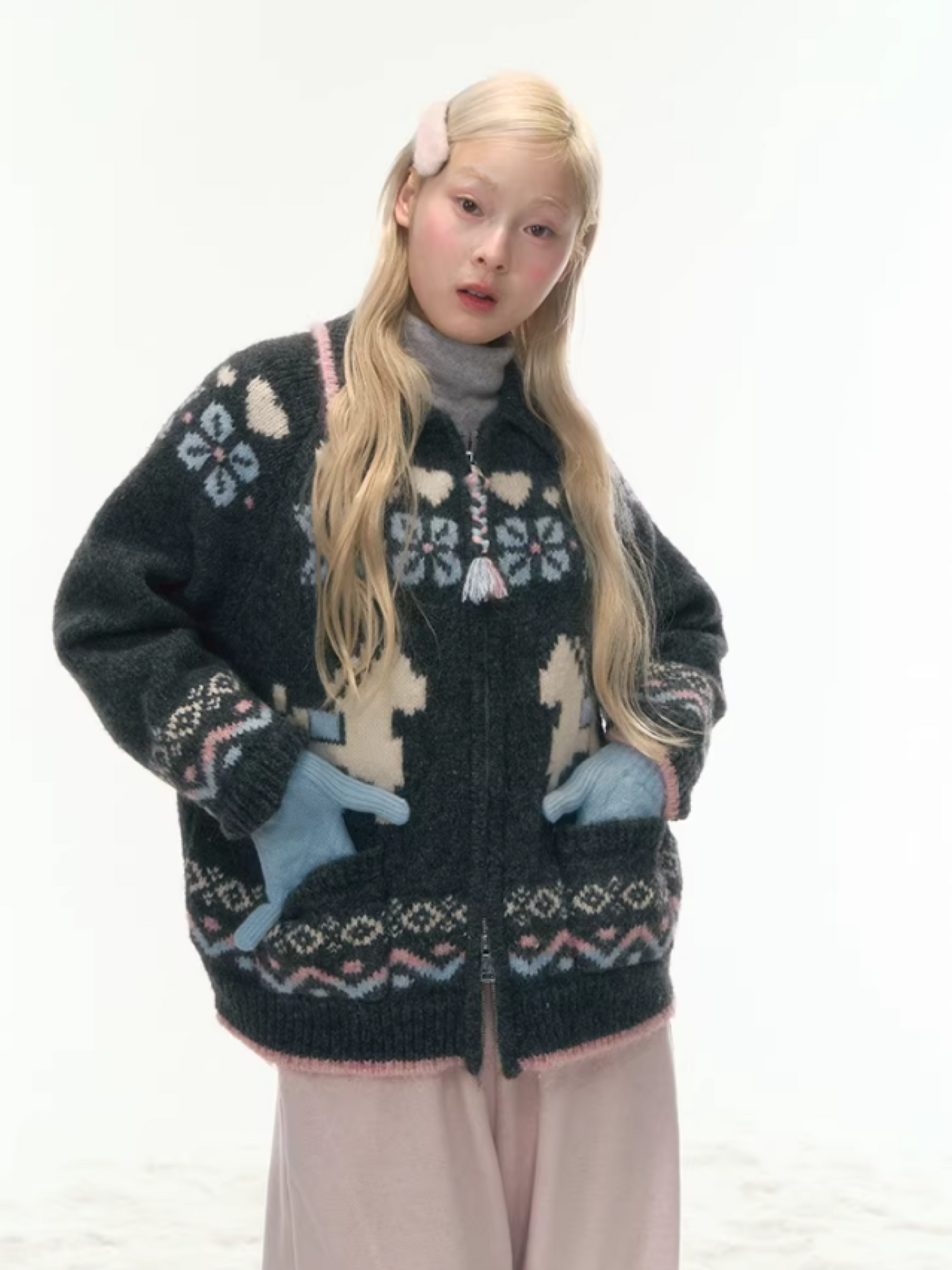 "Nordic Fairytale" Charcoal Pony Zip-Up Knit Cardigan WW2025449