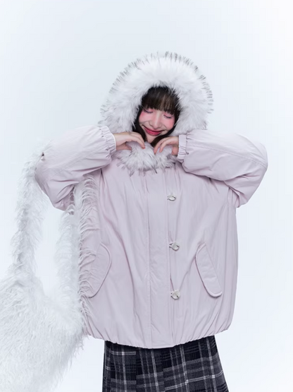 CREAMO2奶油氧气 - Soft Pink-Purple Detachable Fur Hooded Down Jacket
