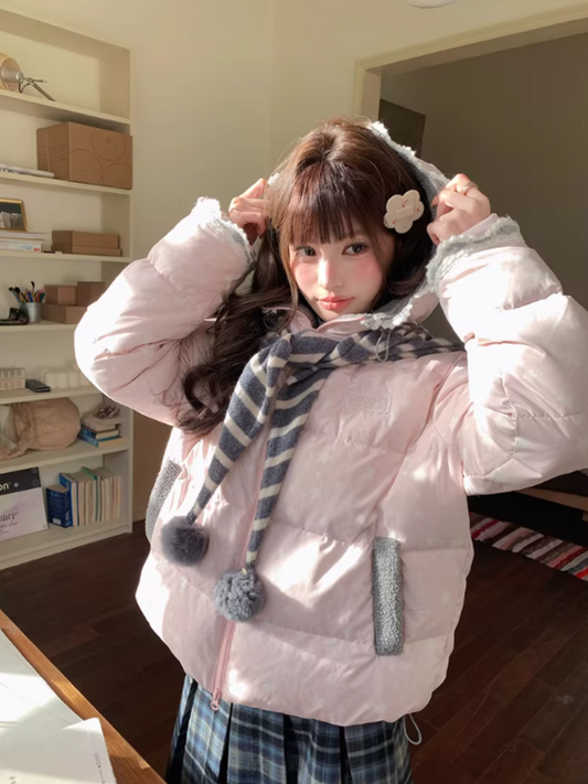 阮阮自制 - "Cherry Amber Star" Star Hooded White Duck Down Jacket