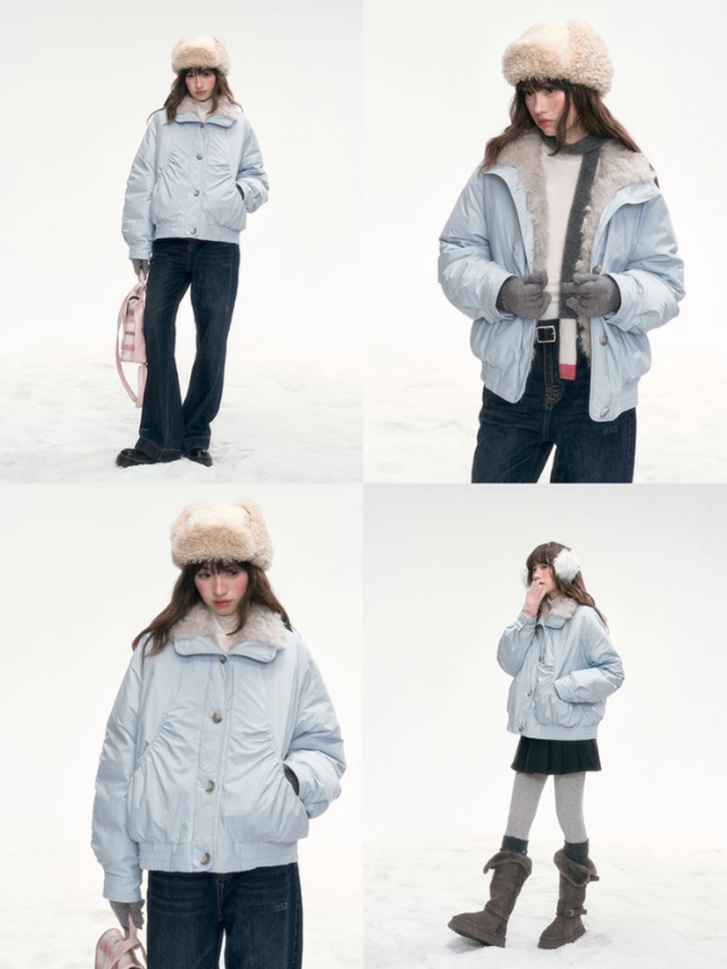"Soft Mist Cove" Contrast Collar Down Jacket – Sky Blue & Light Gray LL2025308