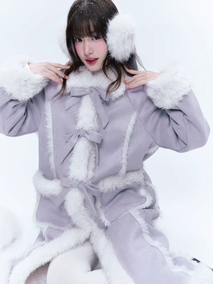 CREAMO2奶油氧气 - Taro Gray-Purple Bow-Tie Faux Suede & Teddy Midi Coat