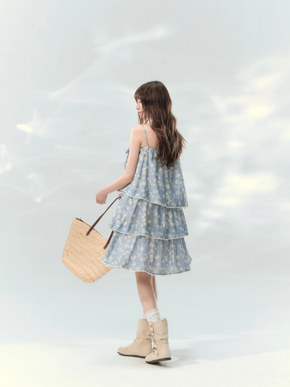 “Blue Mist Petals” Dusty Blue Floral Tiered Mini Dress LL2026120