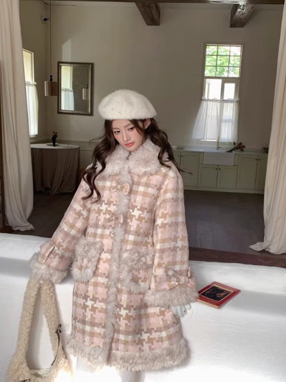 阮阮自制 - Clara Bow Blush Plaid Wool-Blend Padded Coat