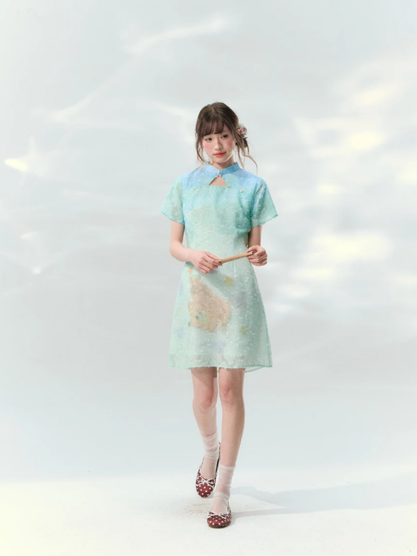 “Velvet Deer Whisper” Teal Deer Print Cheongsam Dress LL2026174