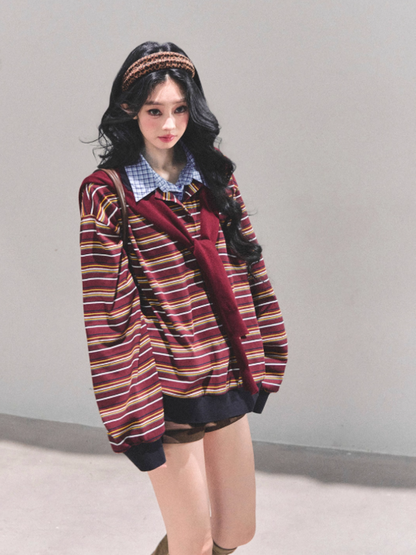 少也眼 "Unfinished Poem" Striped Polo Long Sleeve - Wine Red Striped