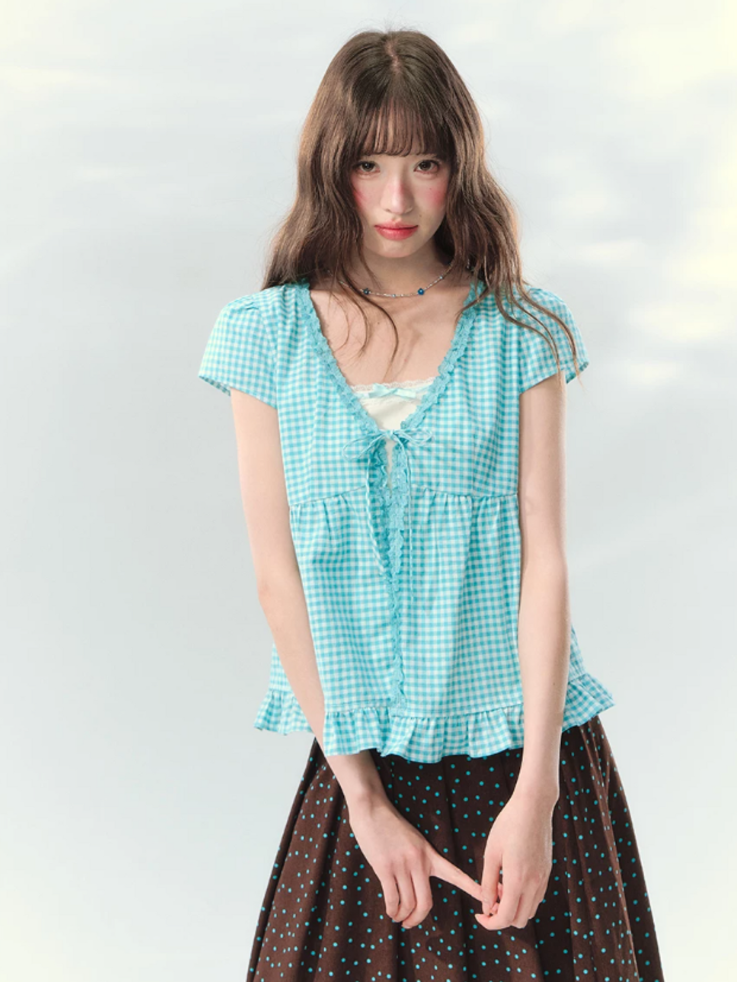 “Sea Salt Letters” Plaid Lace Layered Skirt Set  LL2026168