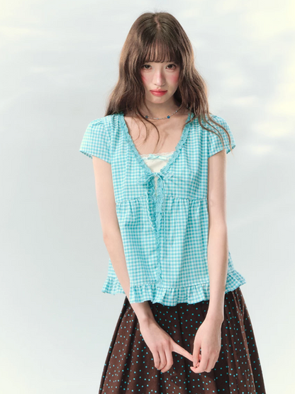 “Sea Salt Letters” Plaid Lace Layered Skirt Set  LL2026168