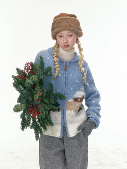 "Hand-Stitched Snow Fairytale" Blue Zip-Up Knit Cardigan LL2025448