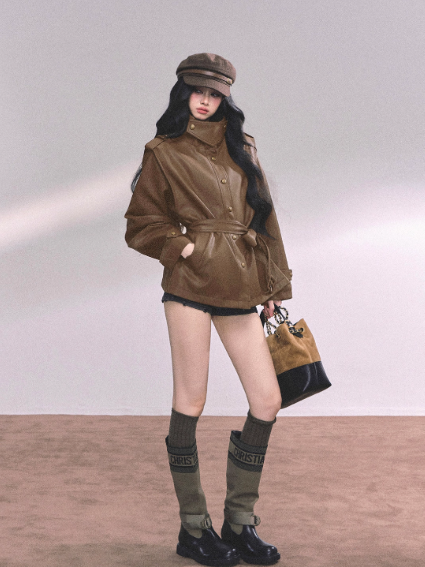 "英区时差" American Cool Girl PU Leather Jacket – Black/ Coffee