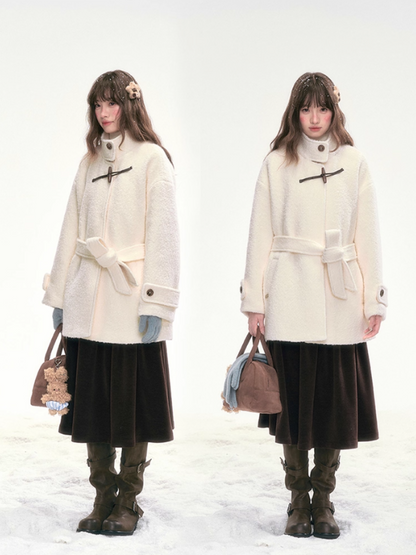 "Warm Latte Glow" Wool Duffle Coat — Belted Bouclé Design SJ2025302