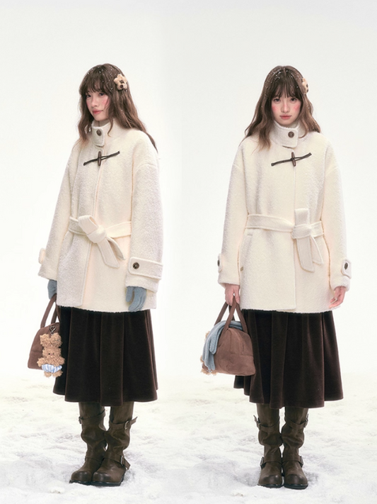 "Warm Latte Glow" Wool Duffle Coat — Belted Bouclé Design SJ2025302