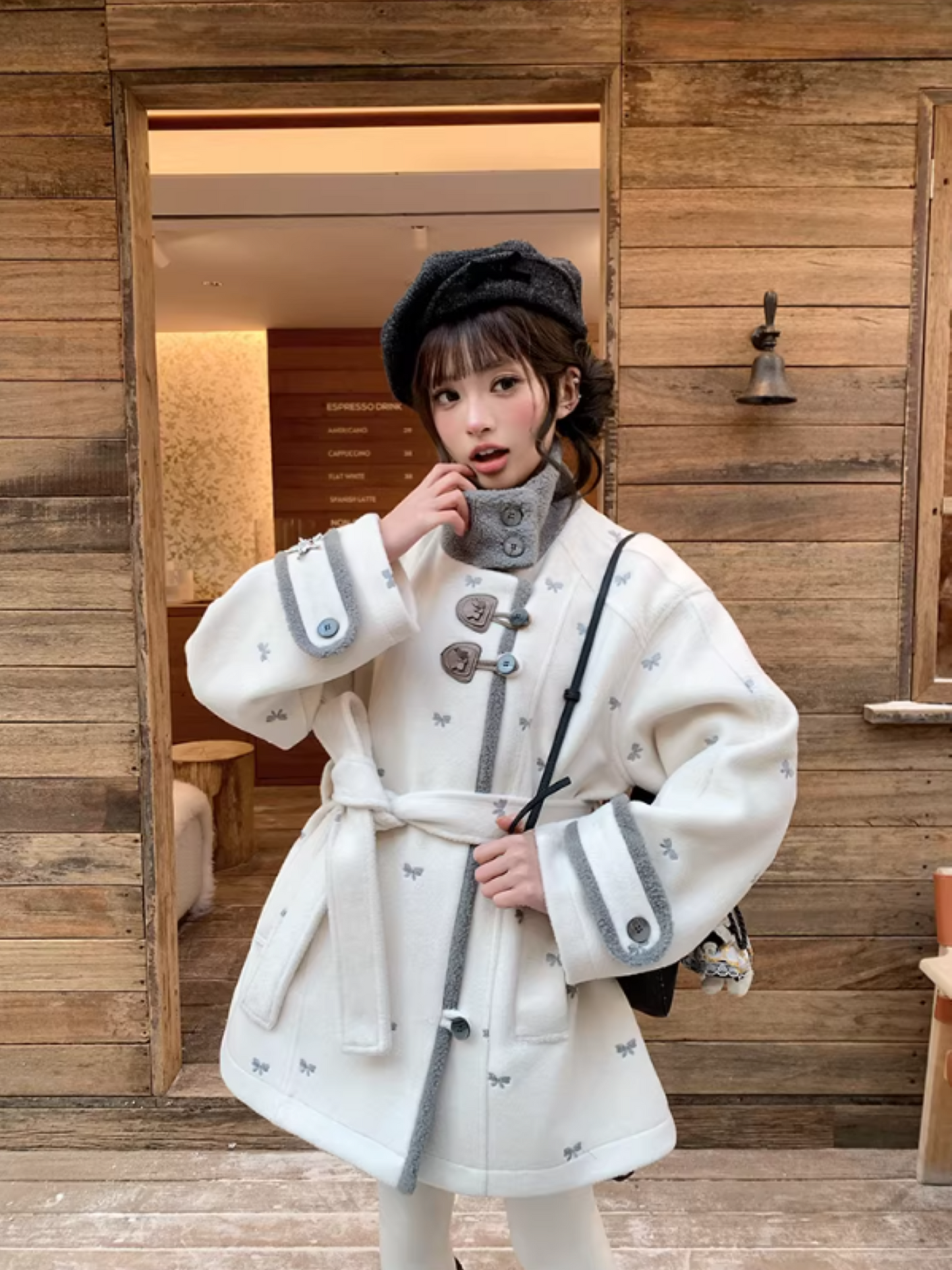 阮阮自制 - "Fog Whisper" Bow Embroidered Wool-Blend Padded Coat