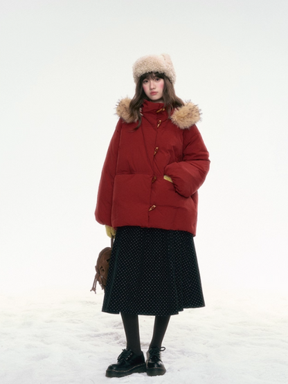 “Redwood Reverie” Festive Red Duffle-Hood Down Jacket LL2025317