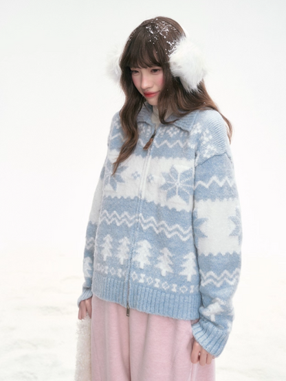 "Frost Whisper" Blue Vintage Contrast Knit Cardigan LL2025305
