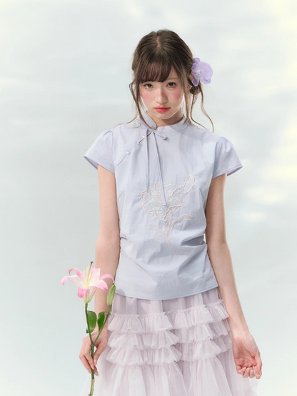 “Lilac Embroidered Whisper” Orchid Purple Mandarin Collar Blouse