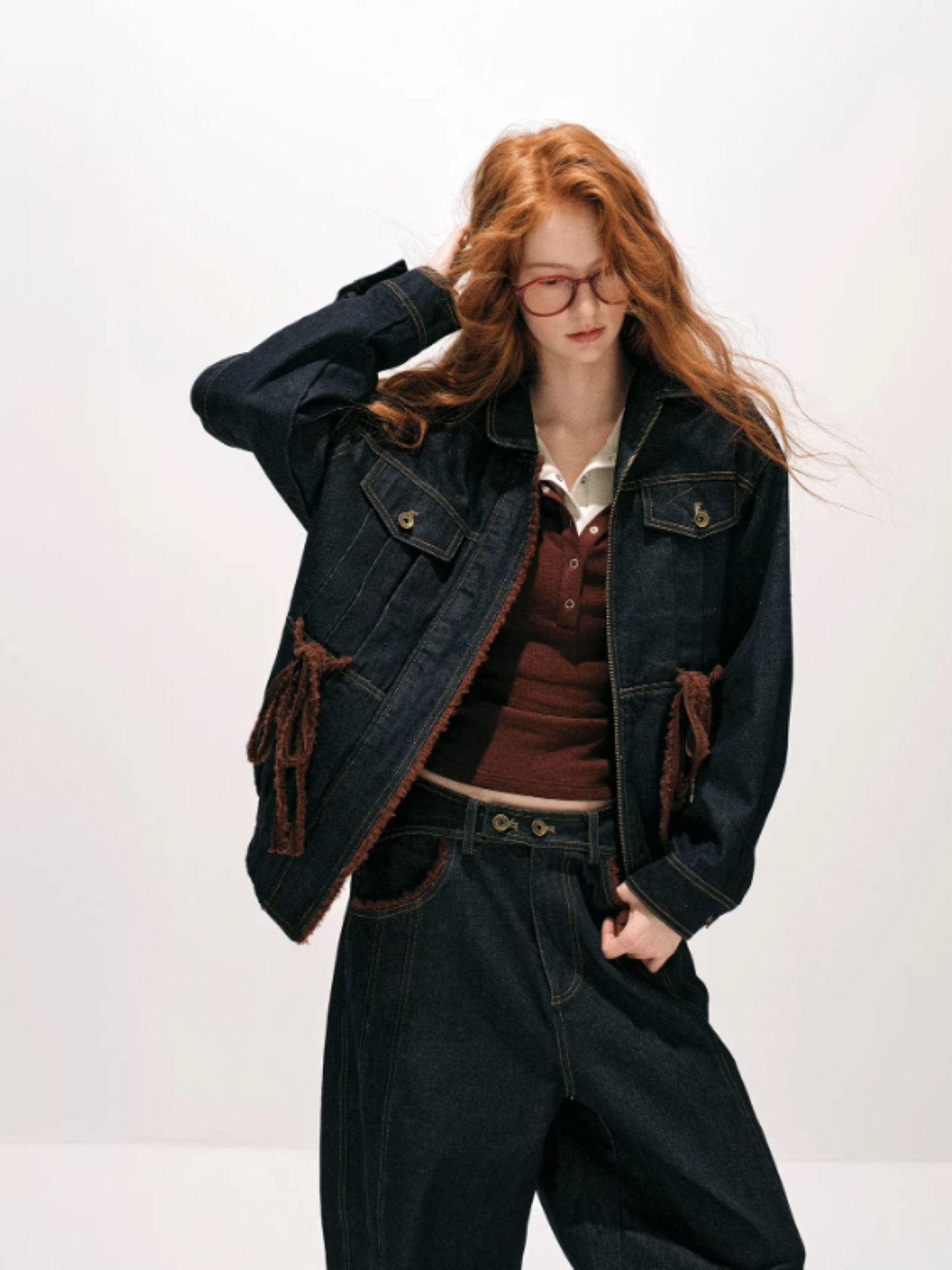"荒野造势" Western-Inspired Suede-Panel Denim Jacket & Pants Set