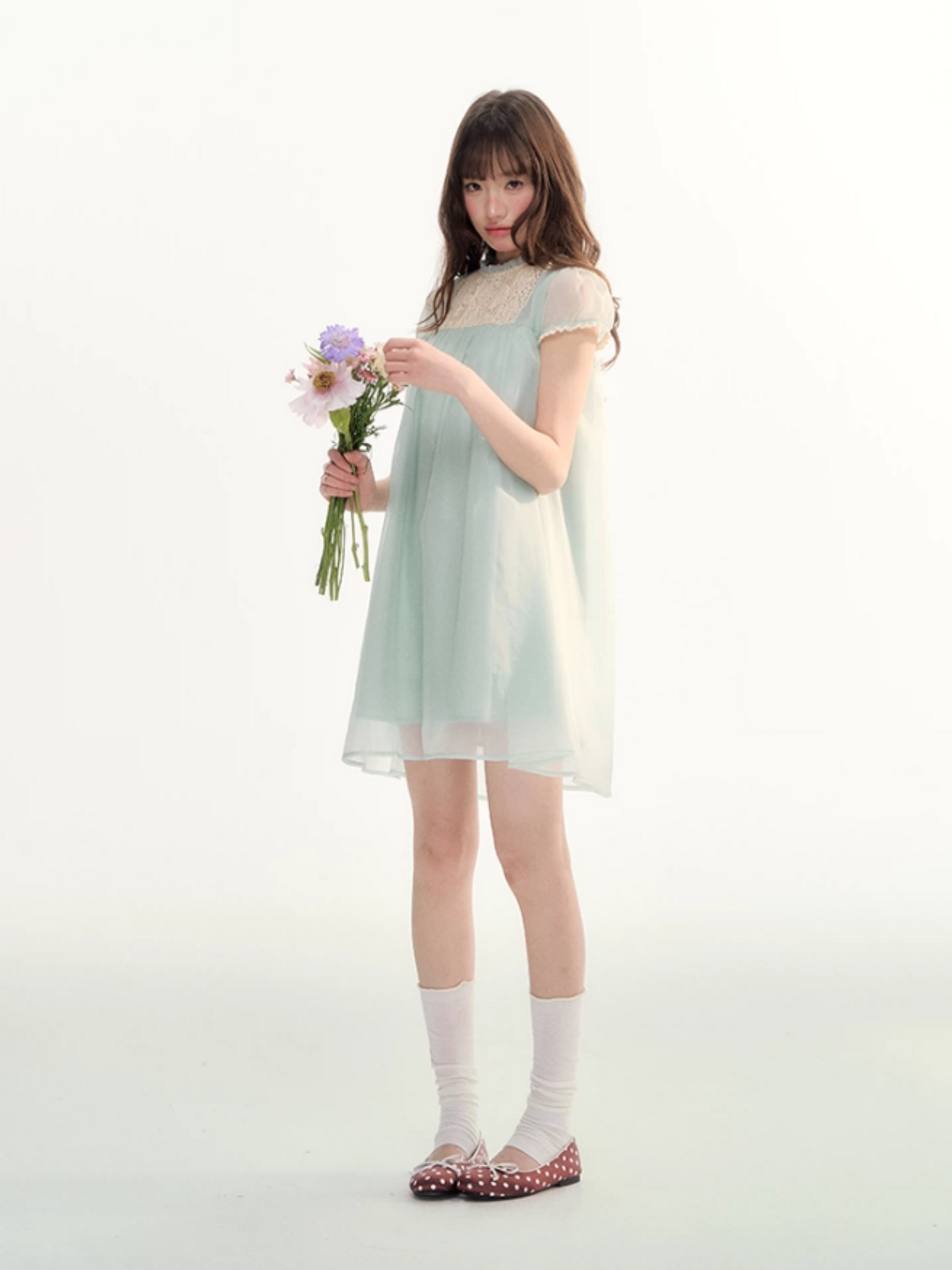 Sheer Lace Trim Puff Sleeve Babydoll Dress LL2026103