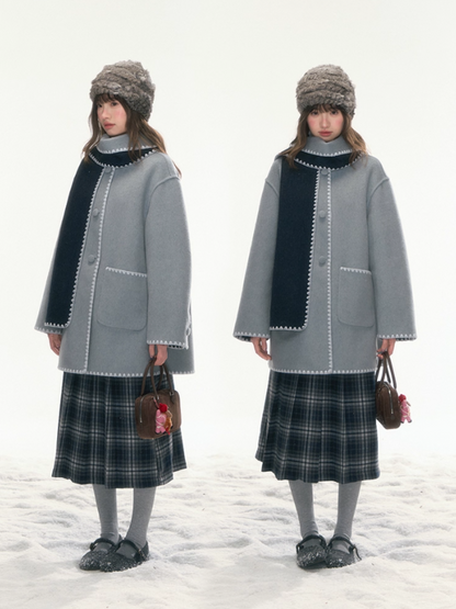 "Morning Verse & Night Poem" Reversible Wool Two-Tone Overcoat - Deep Blue × Light Blue LL2025455