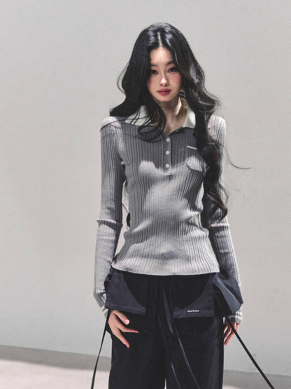 "温蒂的信" Classic Polo Collar Knit Top - Gray