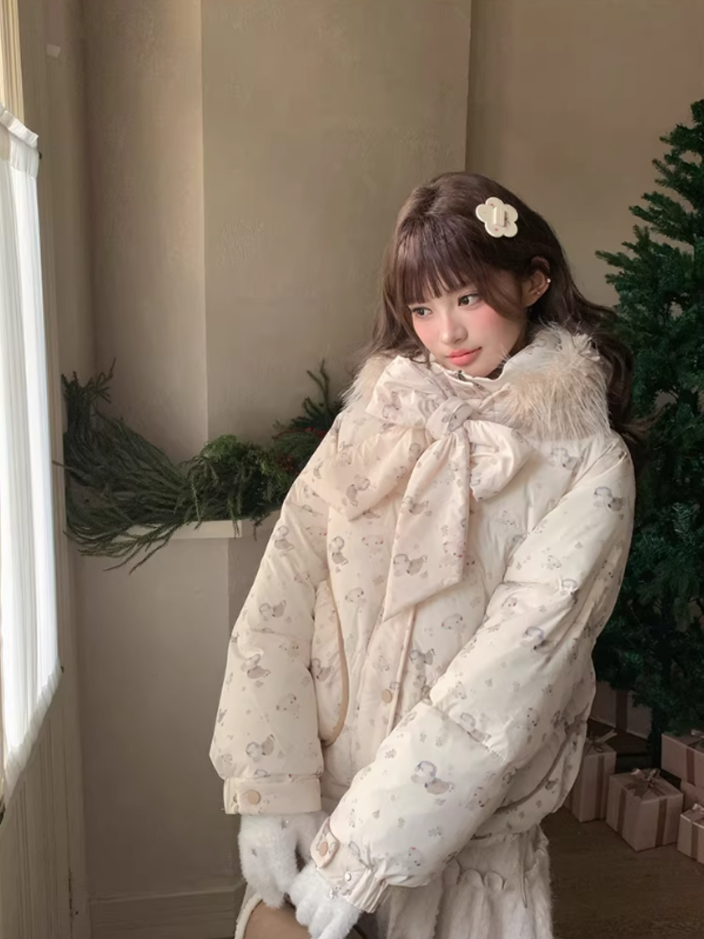 阮阮自制 - "Fluffy Pup" Bow-Detail Puppy Print Puffer Jacket