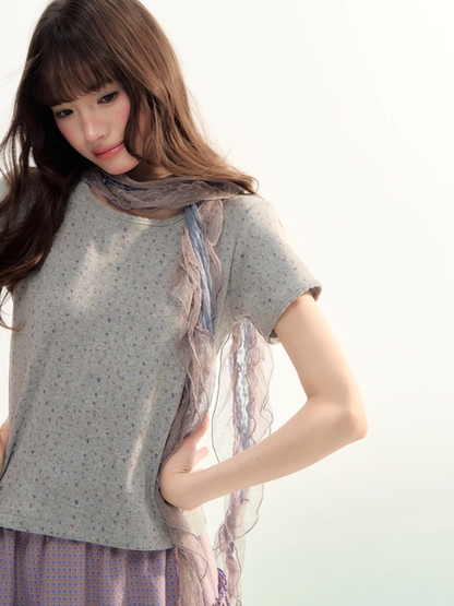 Grey Floral Lettuce Trim Fitted Baby Tee SJ2026090