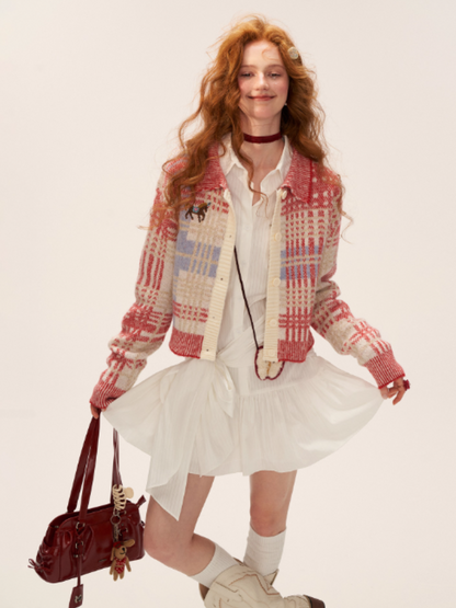 MAMC - Red Plaid Merino Wool Knit Cardigan WE831