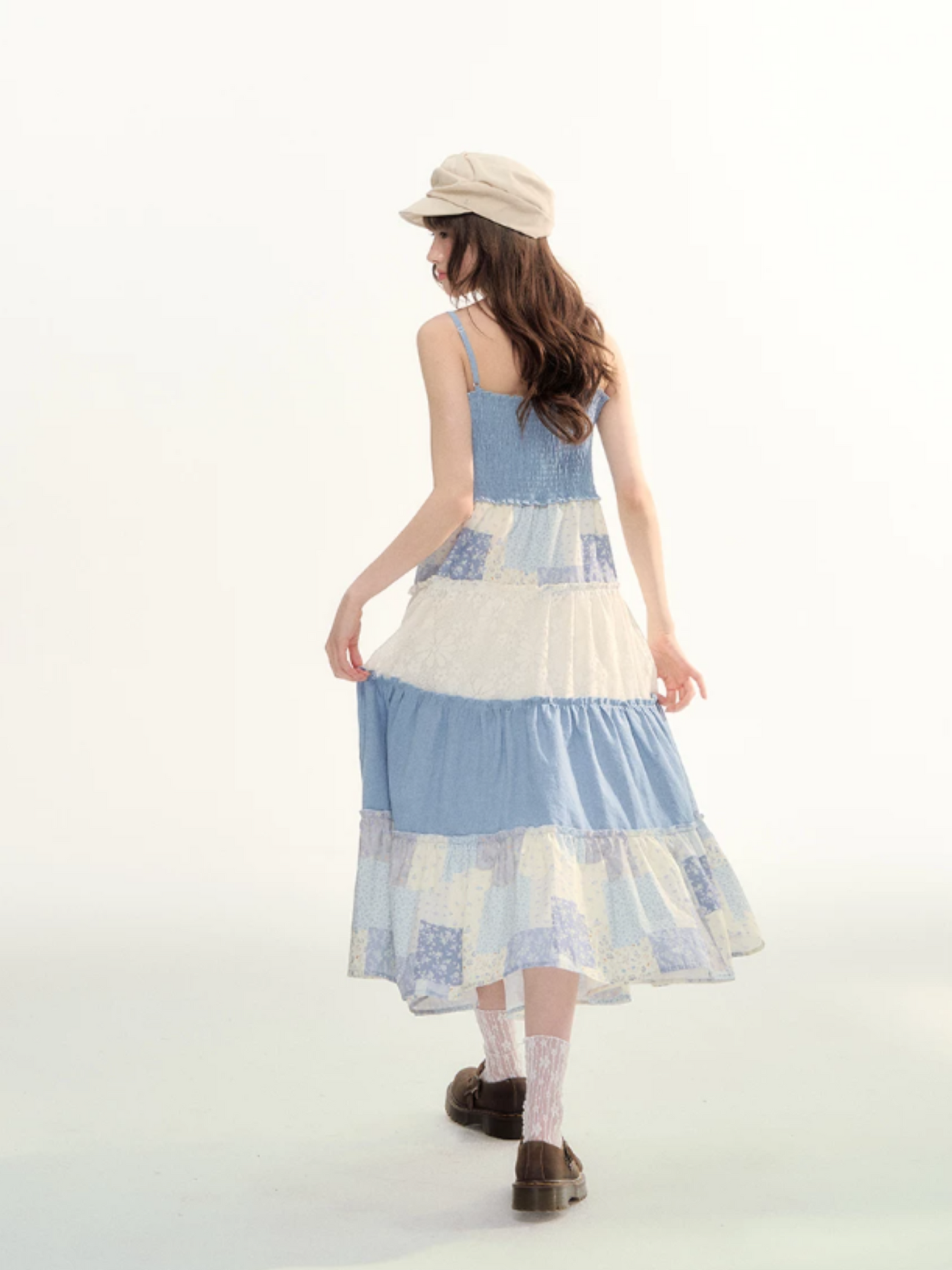 Blue Patchwork Tiered Smocked Dress LL2026106