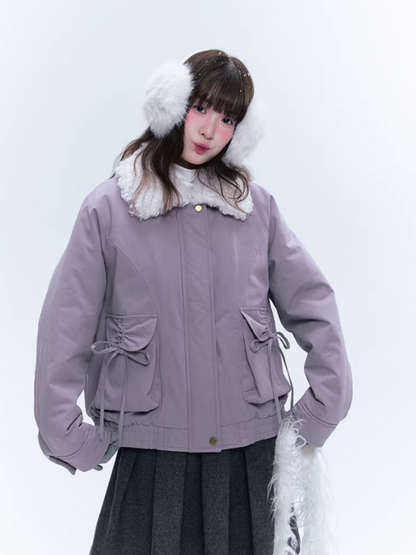 CREAMO2奶油氧气 - Taro Gray-Purple Detachable Shearling-Collar Retro Padded Jacket